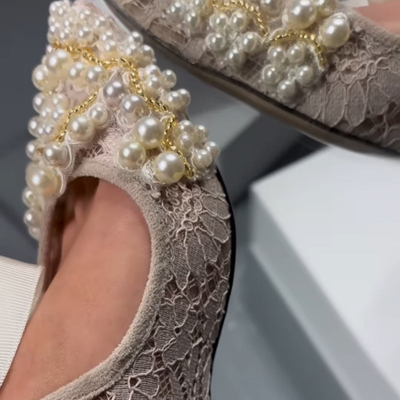 Pearl Embellished Lace Low Heels