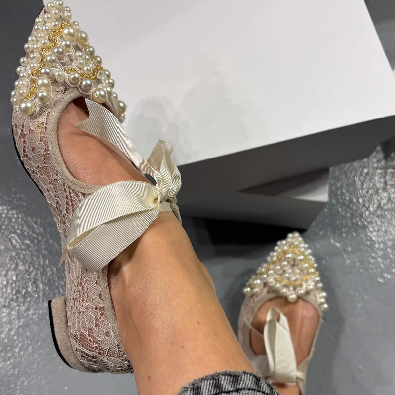 Pearl Embellished Lace Low Heels