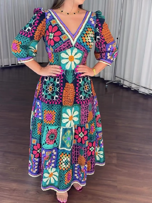 Colorful Printed V-neck Waist Dress