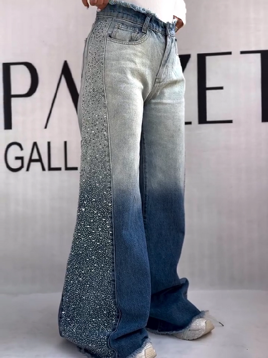 Fashion Rhinestone Wide-leg Jeans