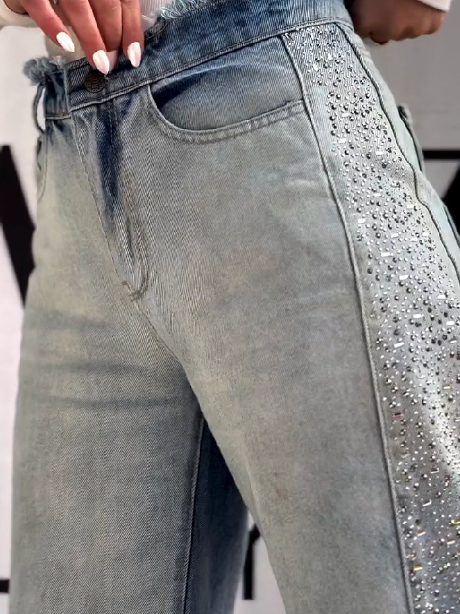 Fashion Rhinestone Wide-leg Jeans