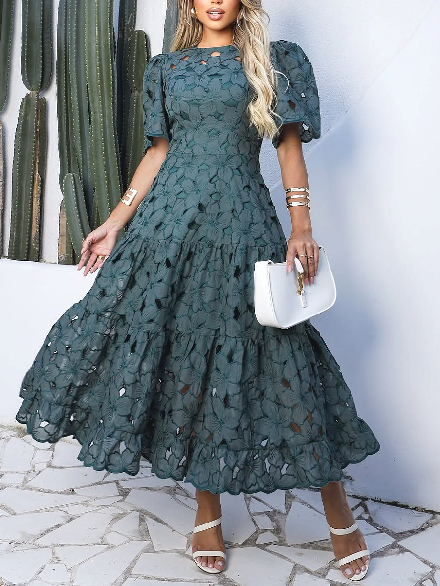 Green Flower Hollow Short Sleeve Dress